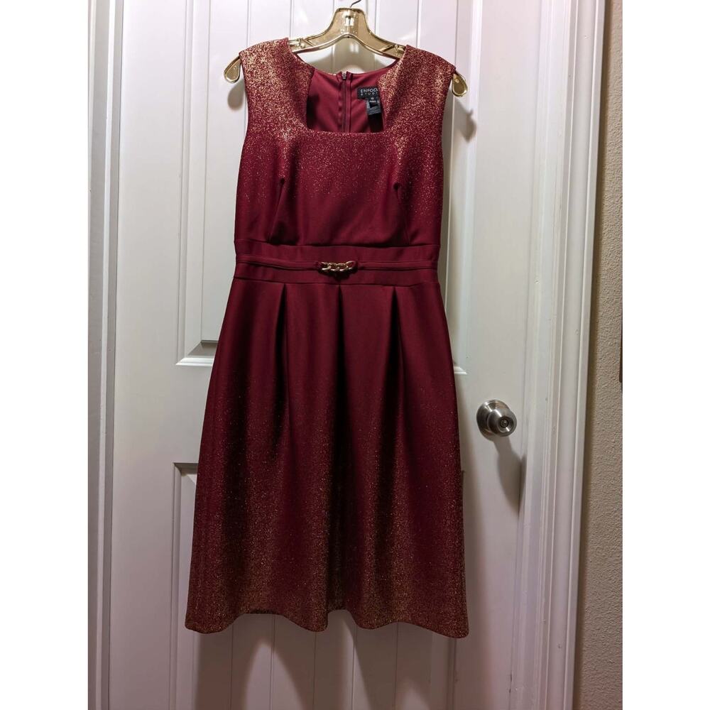 Enfocus Burgundy Red Gold Fit Flare Cocktail Party Christmas Dress Size Size 10